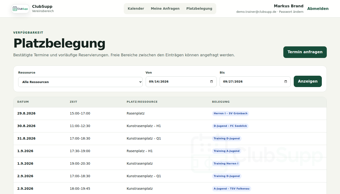 Platzbelegung im Trainerbereich: Liste aller Belegungen je Datum, Zeit und Platz mit Filter nach Ressource und Zeitraum